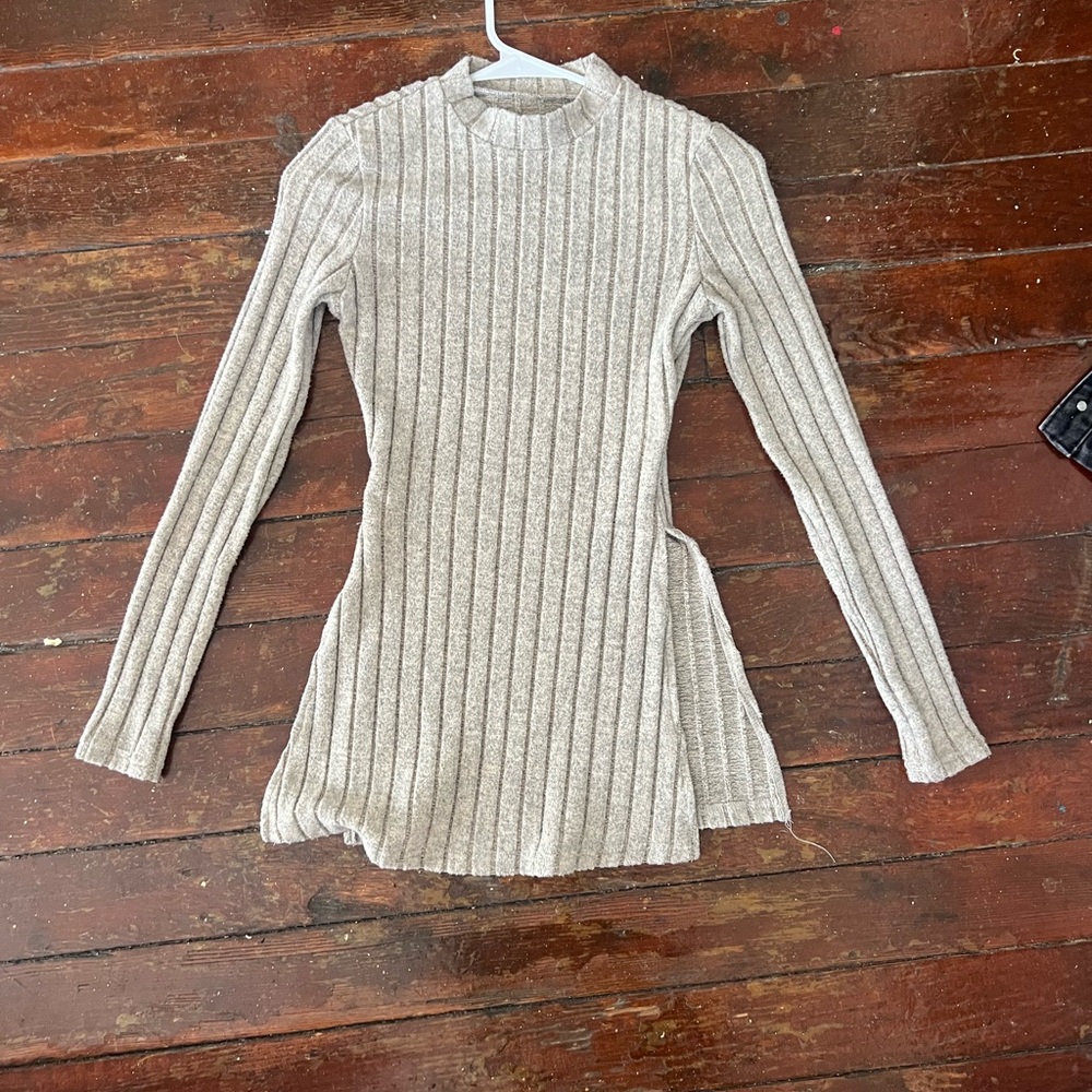 Gray Ribbed Long Sleeve Sweater Mini Dress Double Slit